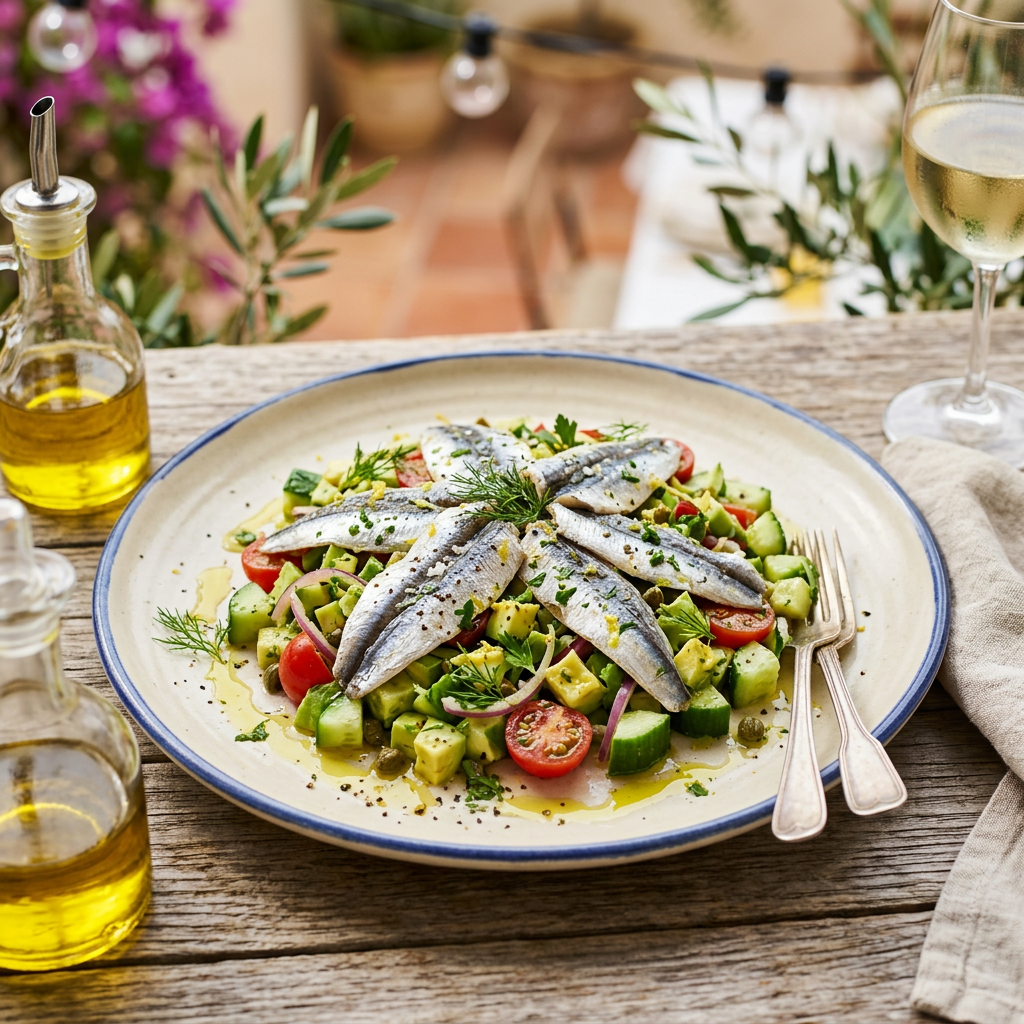 Fresh Sardine Fillets with Avocado and Cucumber Salad