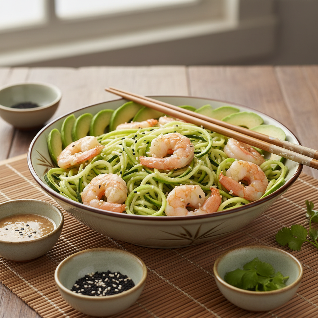 Zucchini Noodle Bowl with Ginger Shrimp and Avocado