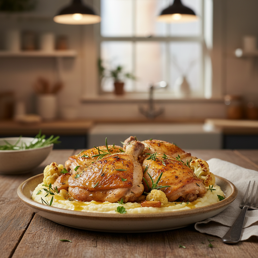Herbed Roast Chicken Thighs with Cauliflower Purée