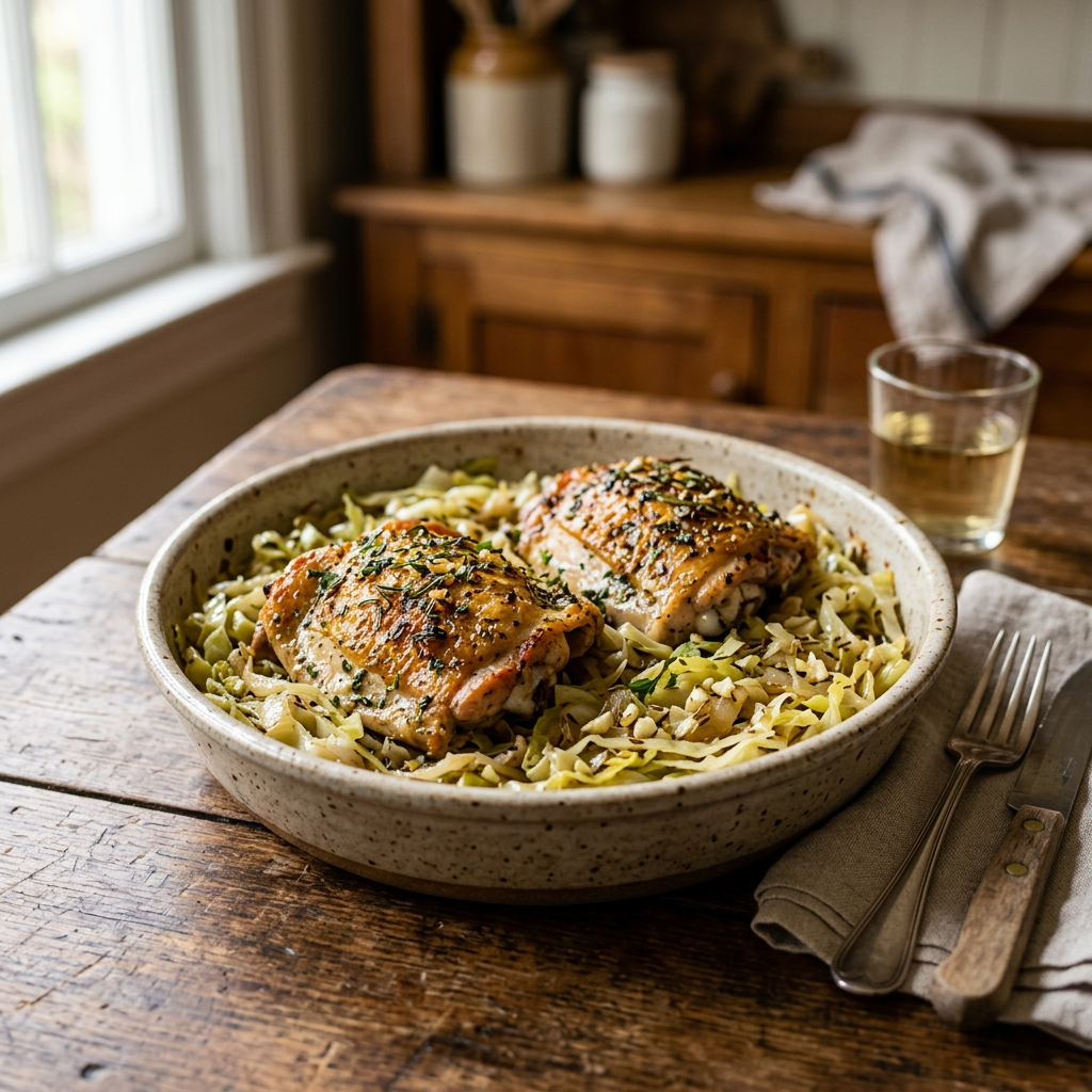 Herb-Roasted Chicken Thighs with Braised Green Cabbage