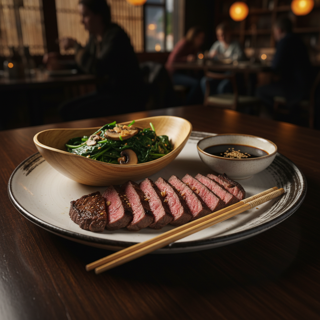 Beef Flank with Garlic Spinach and Mushrooms