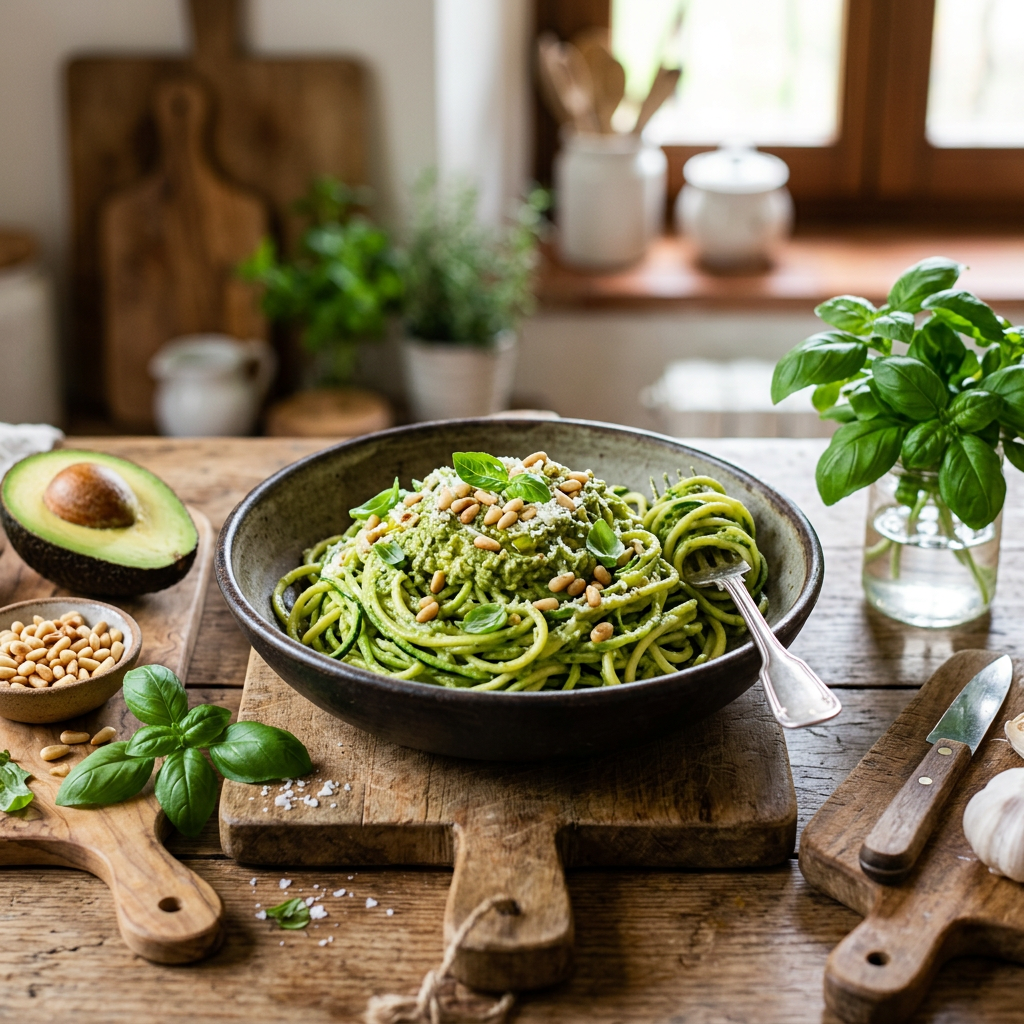 Zucchini Noodles with Avocado-Pine Nut Pesto