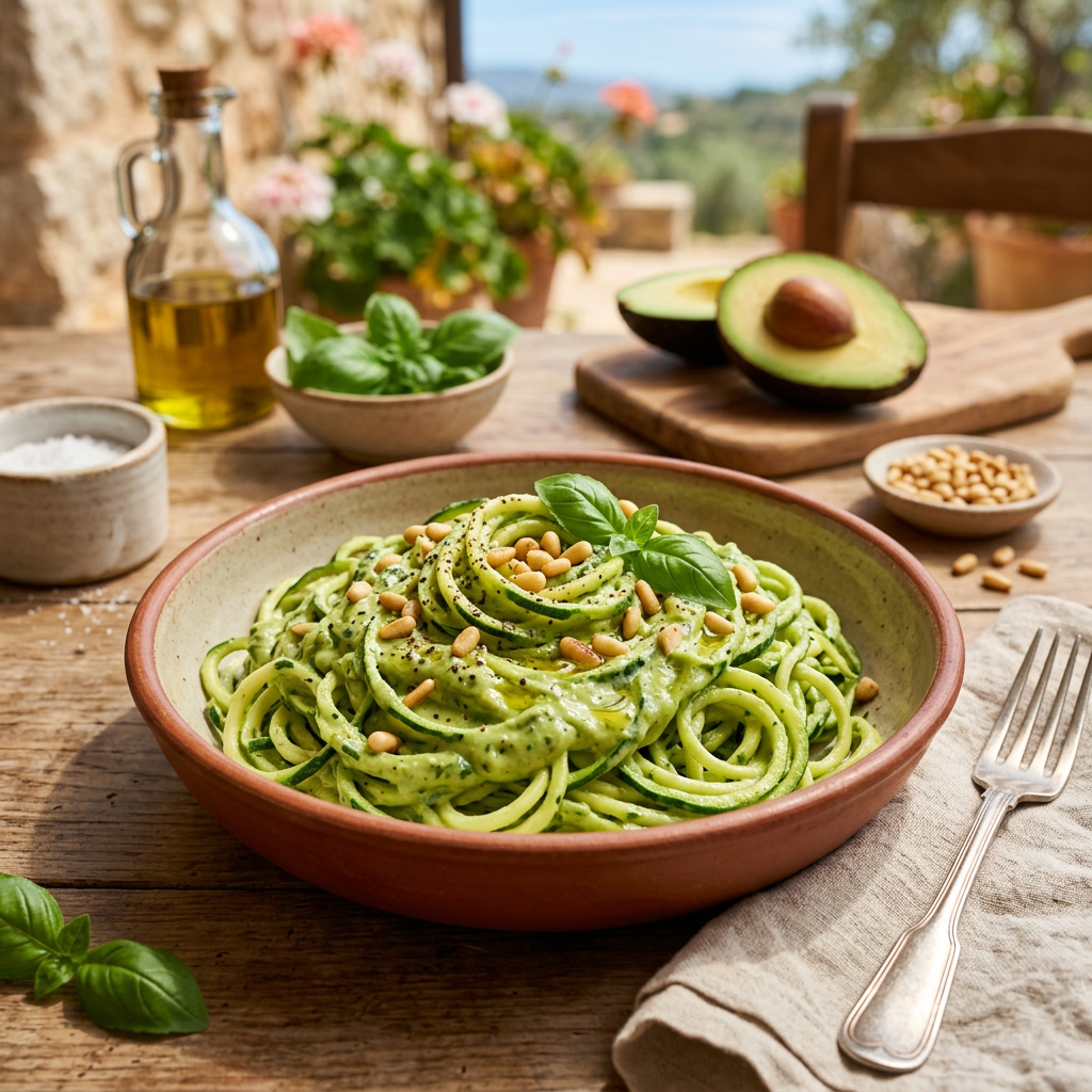 Zucchini Noodles with Creamy Avocado-Basil Sauce and Pine Nuts