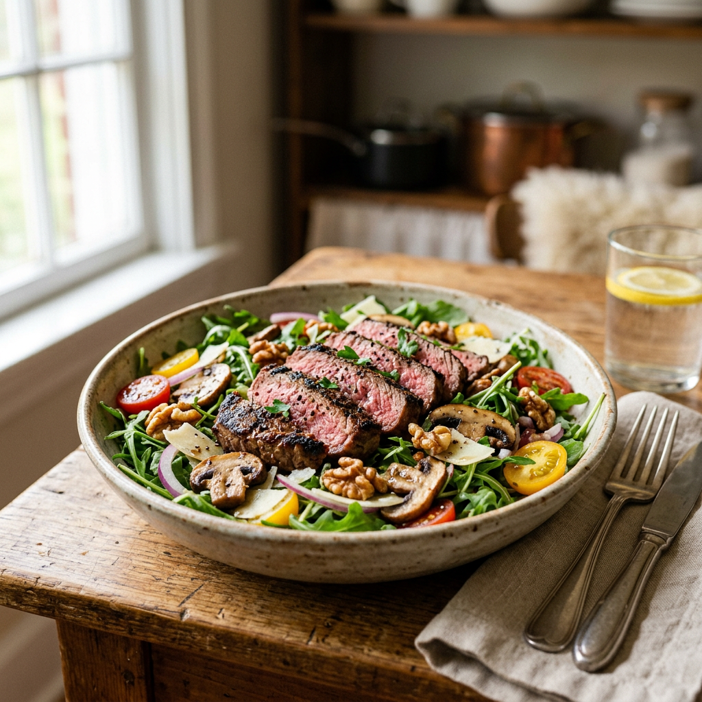 Steak Salad with Arugula, Mushrooms & Walnuts