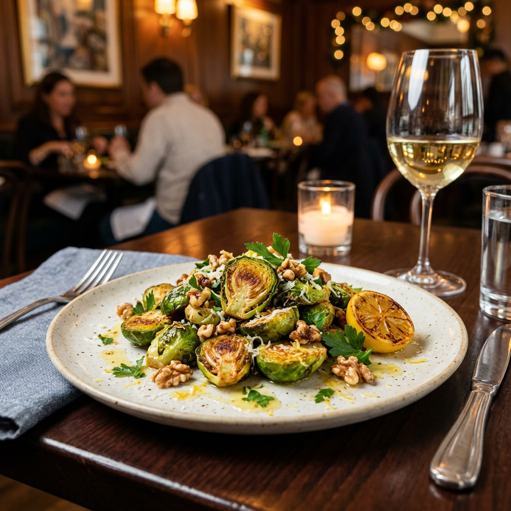 Crispy Brussels with Toasted Walnuts & Lemon
