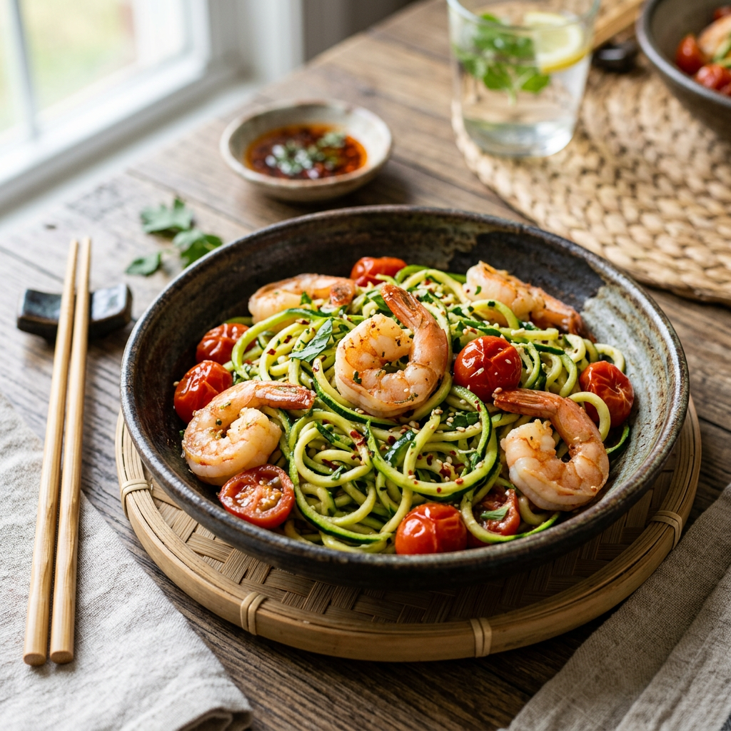 Shrimp & Zucchini Noodles with Cherry Tomatoes