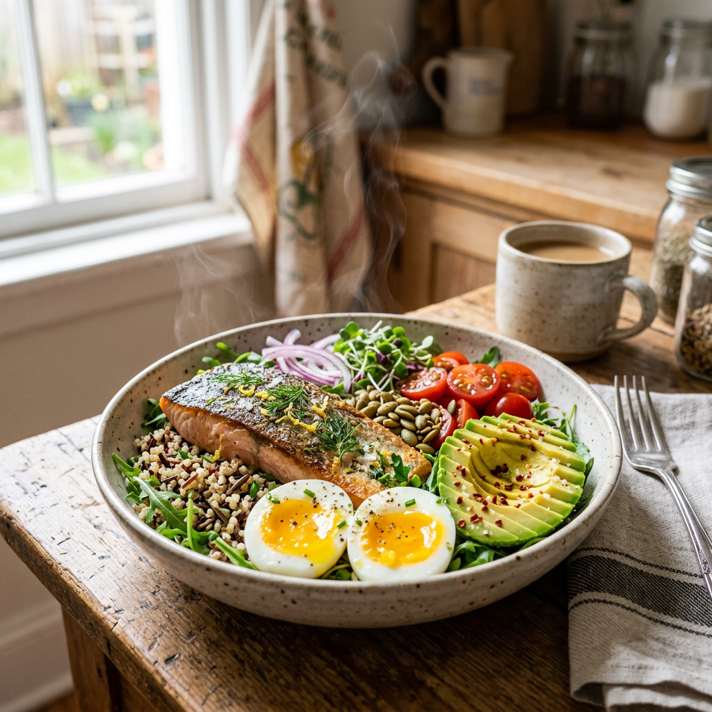 Seared Trout, Soft Eggs & Avocado Breakfast Bowl
