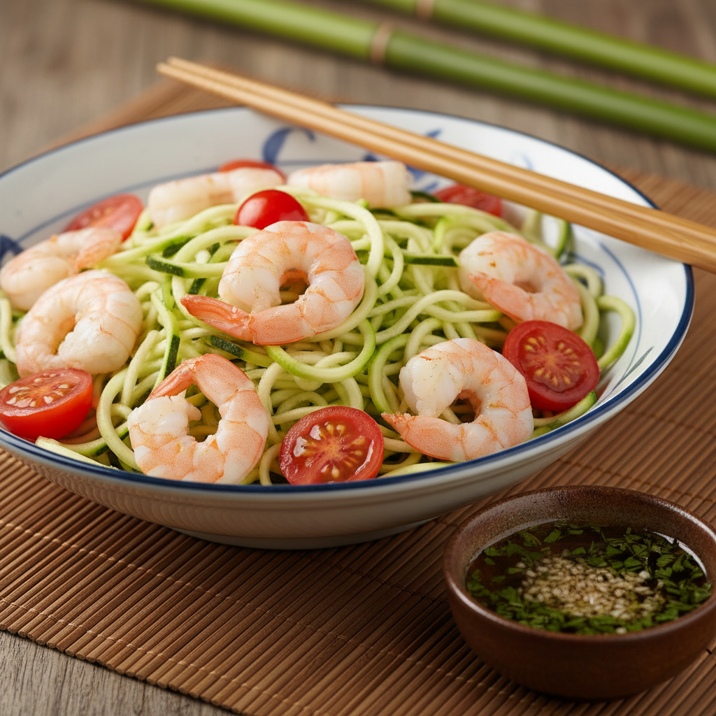 Zucchini Noodles with Garlic Shrimp and Cherry Tomatoes