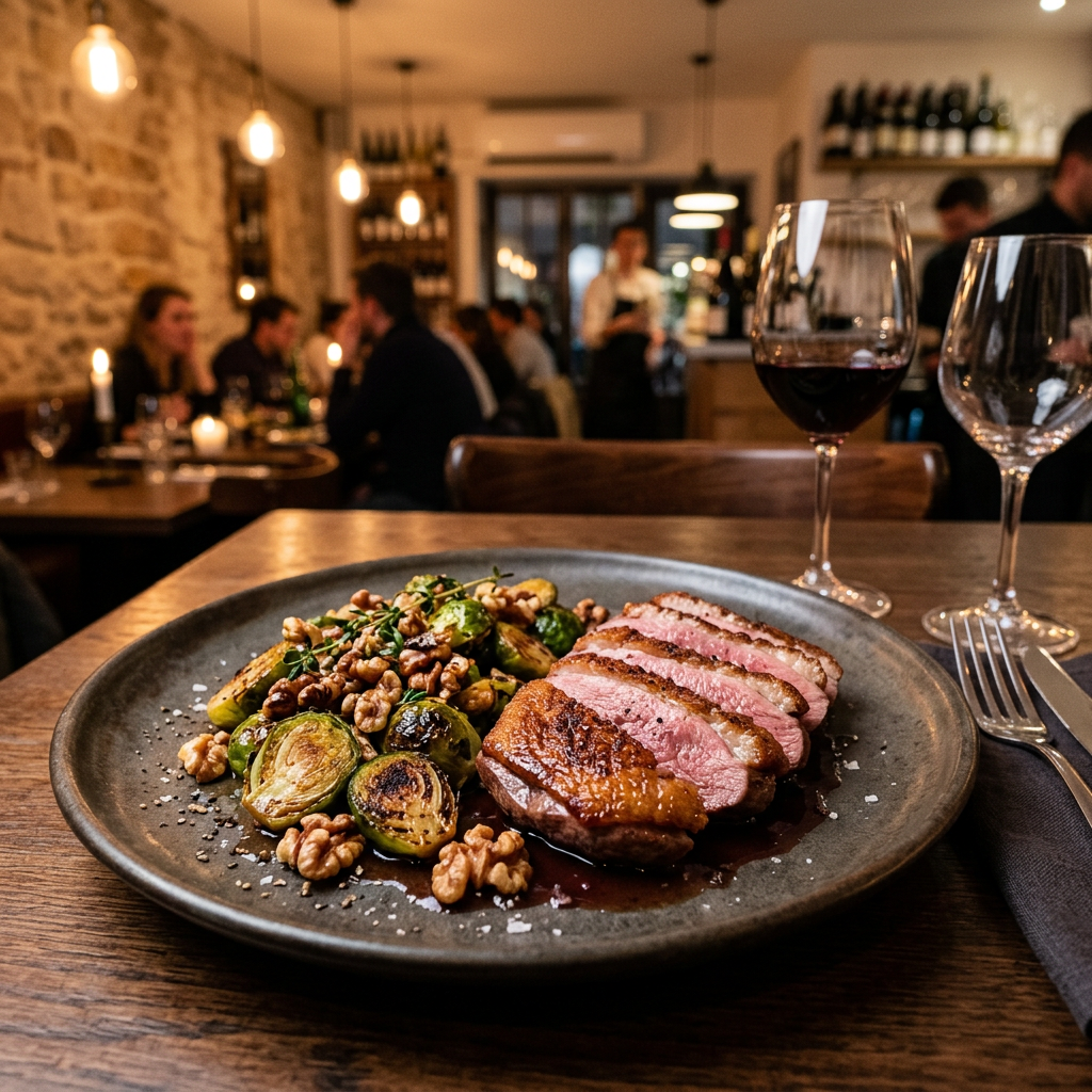 Seared Duck Breast with Roasted Brussels Sprouts and Walnuts