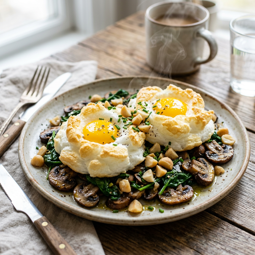 Cloud Eggs with Sautéed Mushrooms, Spinach and Macadamia