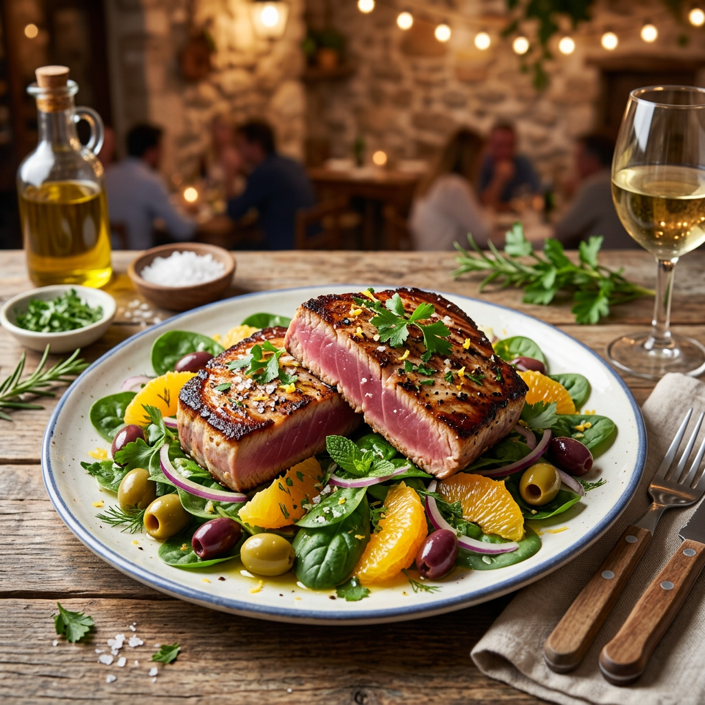 Citrus-Seared Tuna Steak with Spinach and Olive Salad