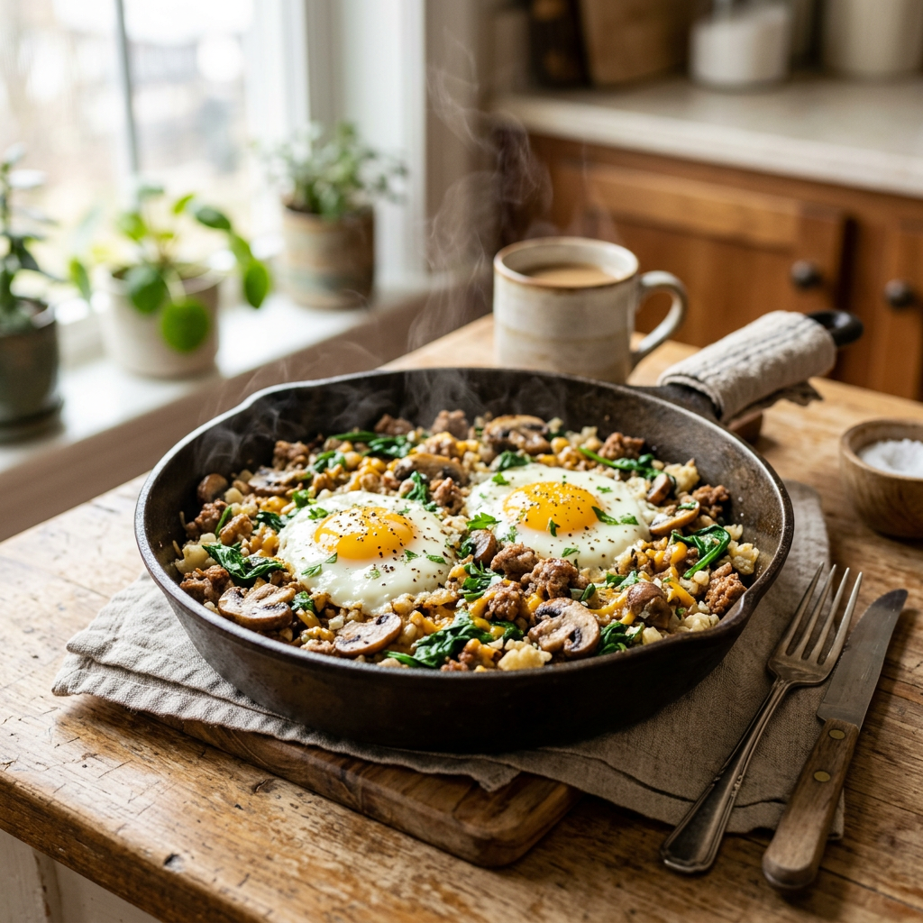 Cauliflower, Ground Pork & Spinach Breakfast Skillet