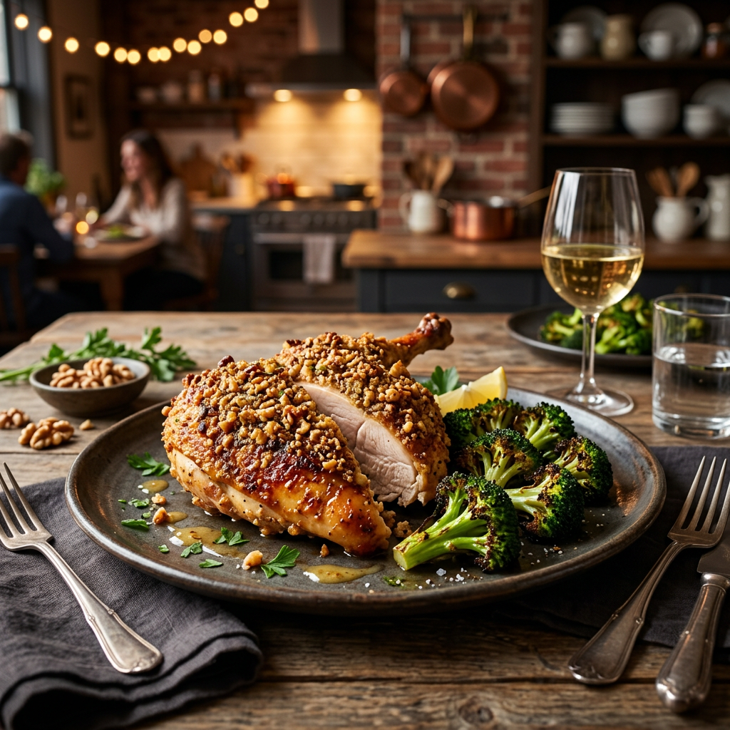Walnut-Crusted Chicken with Roasted Broccoli