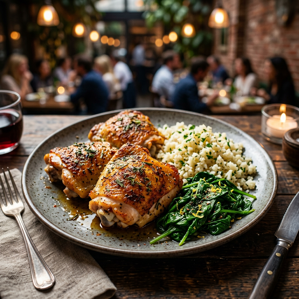 Oven-Baked Chicken Thighs with Cauliflower Rice and Spinach