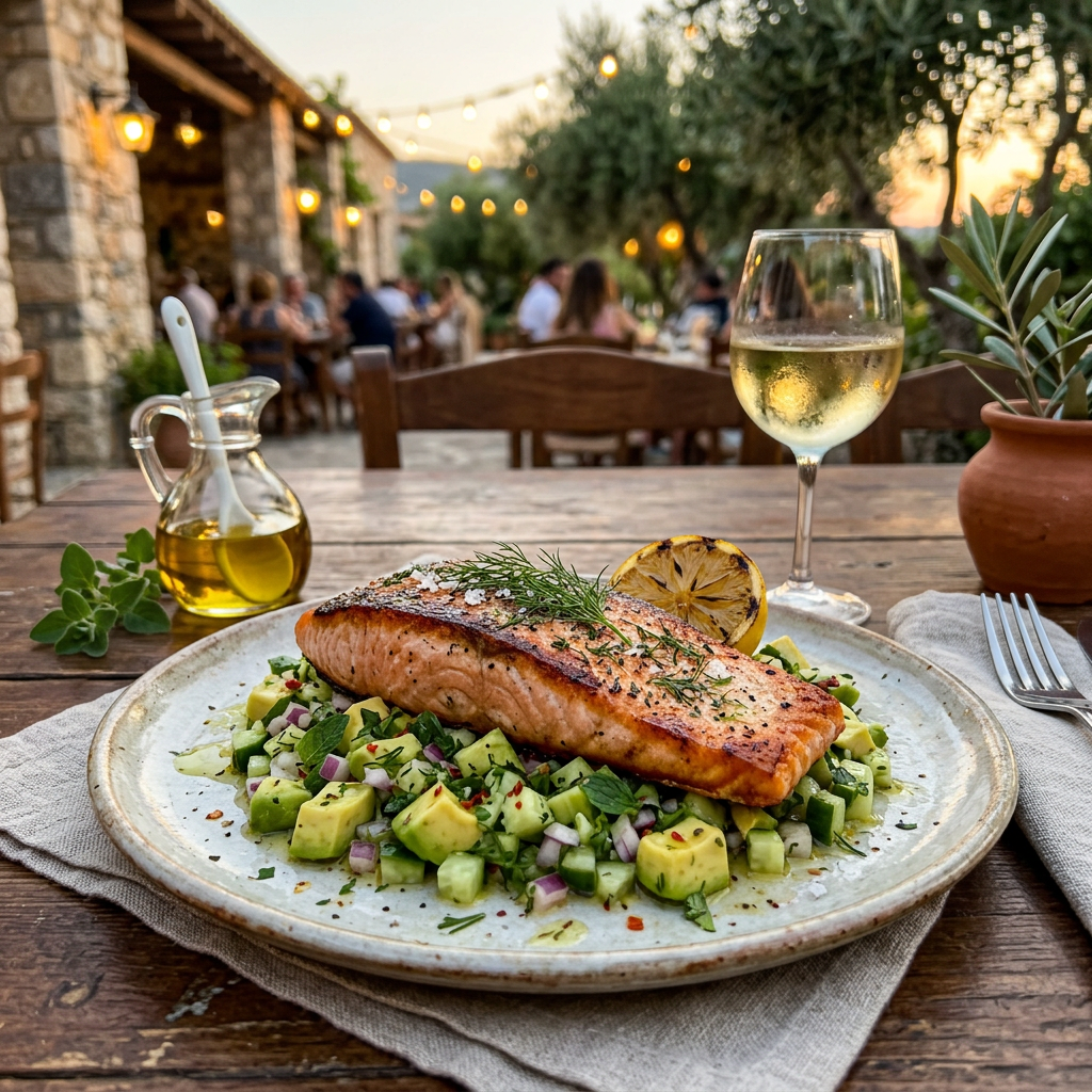 Seared Salmon with Avocado–Cucumber Relish