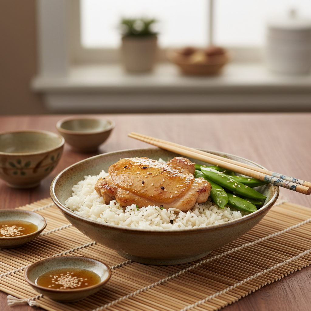 Ginger Chicken Thigh with Cauliflower Rice and Snow Peas
