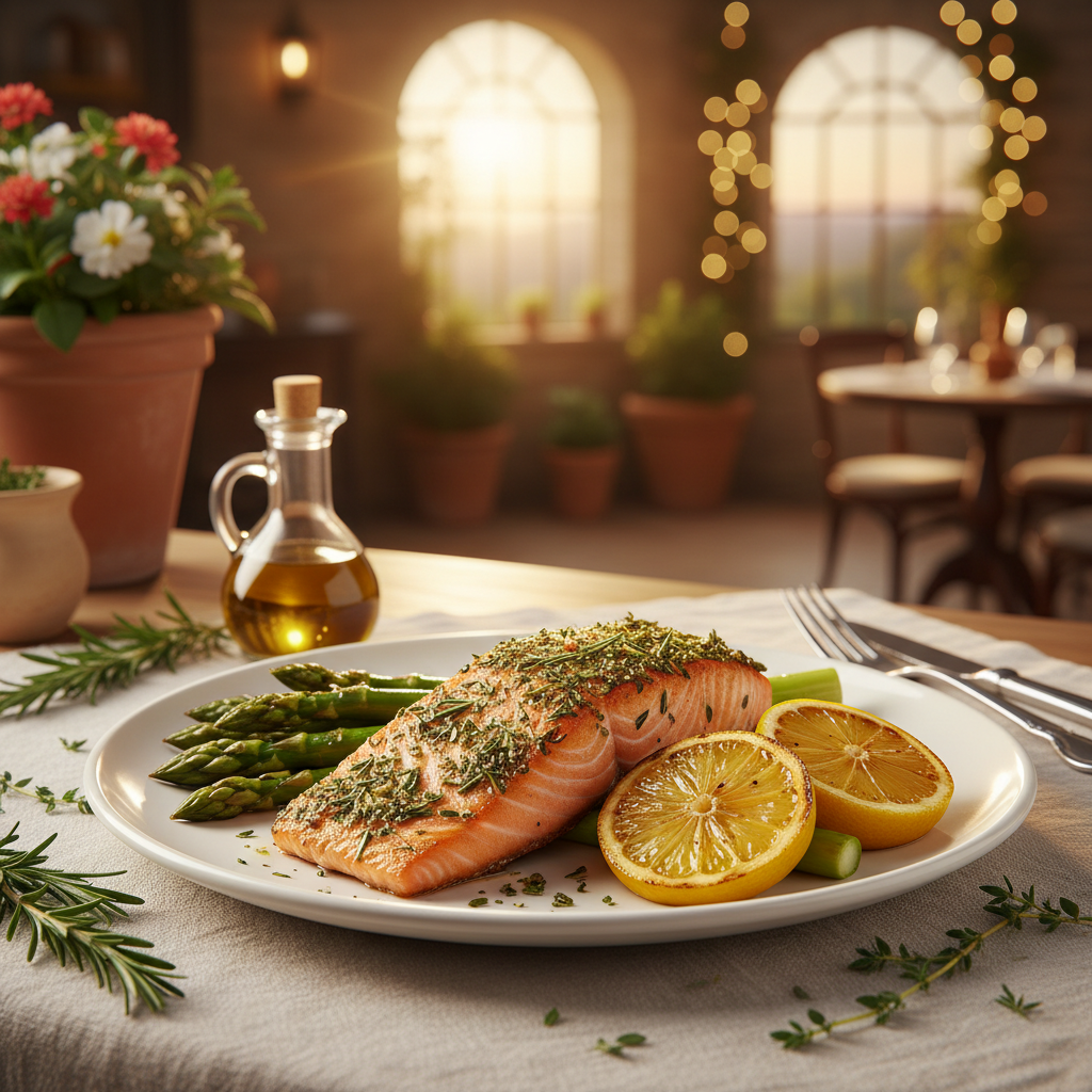 Herbed Wild Salmon with Roasted Asparagus and Lemon