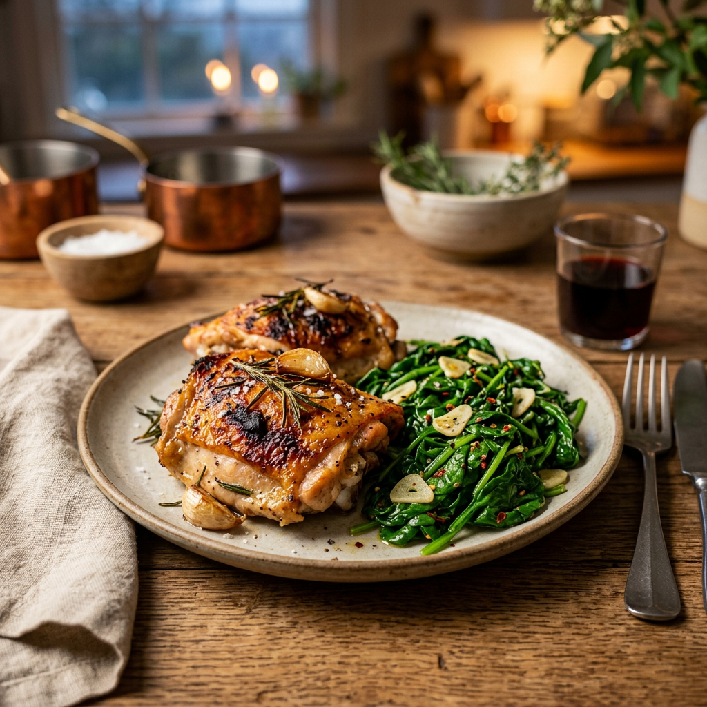 Rosemary-Roasted Chicken Thighs with Garlic Spinach