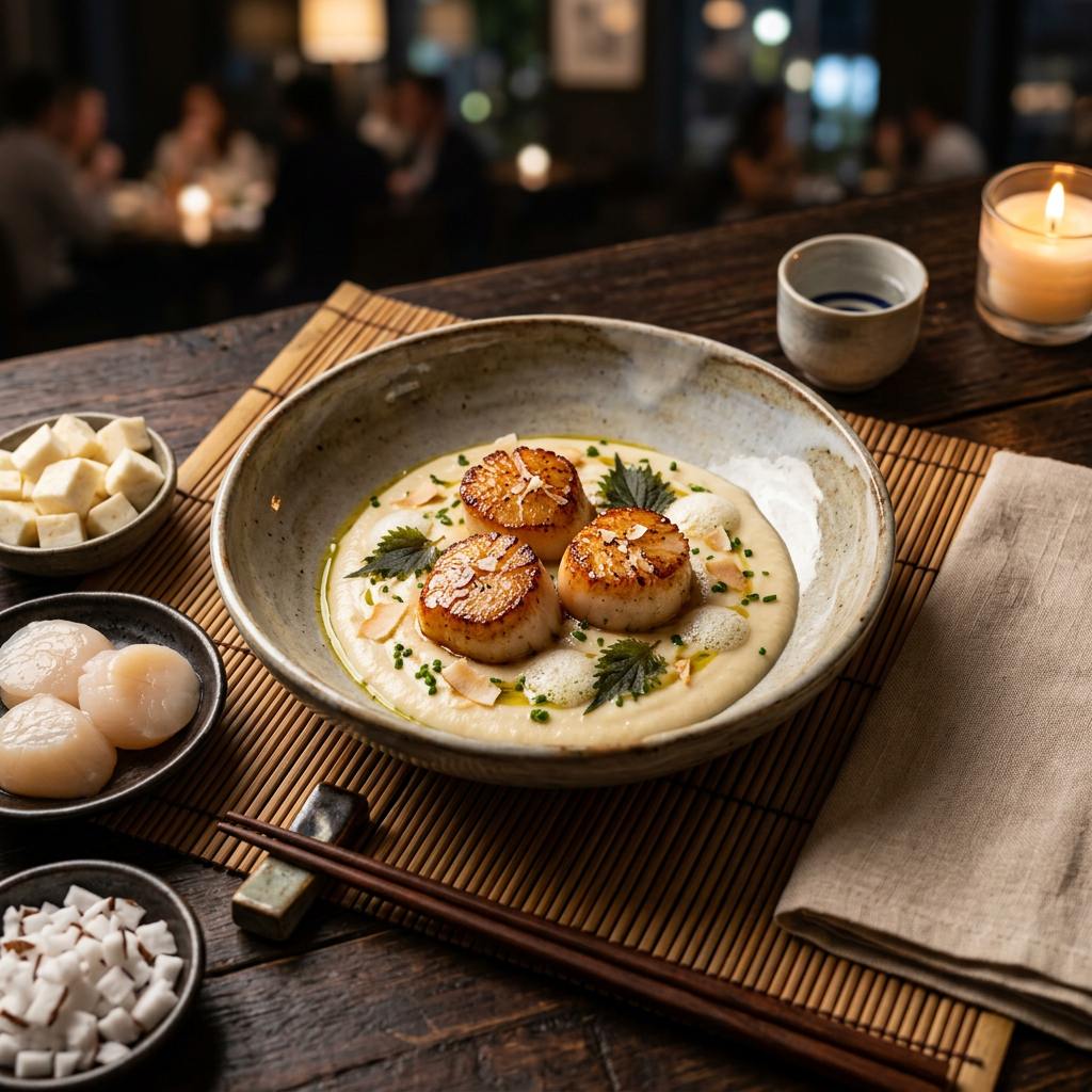Seared Scallops over Celeriac–Coconut Purée