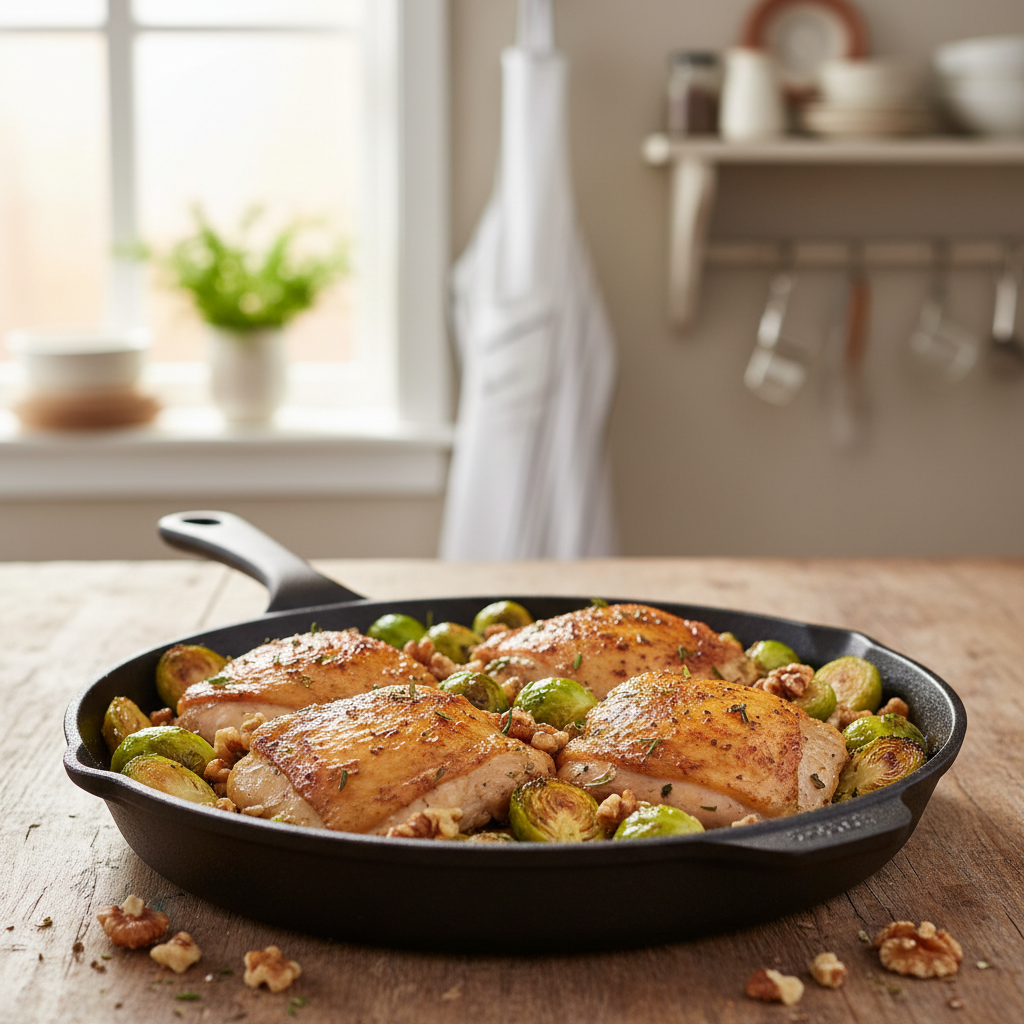Crispy Chicken Thighs with Roasted Brussels Sprouts and Walnuts
