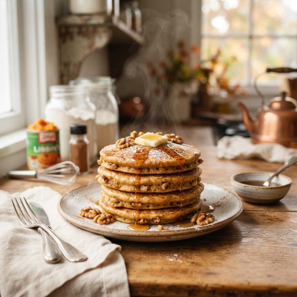 Spiced Pumpkin Walnut Pancakes