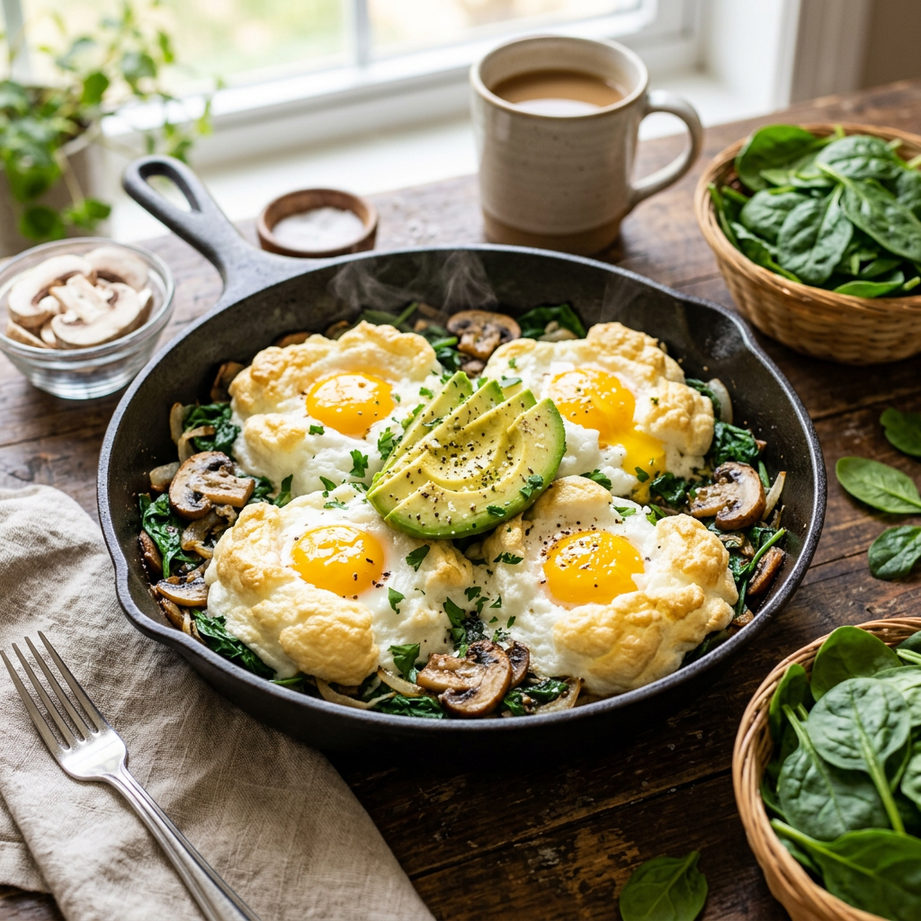Spinach & Mushroom Egg Cloud Bake with Creamy Avocado