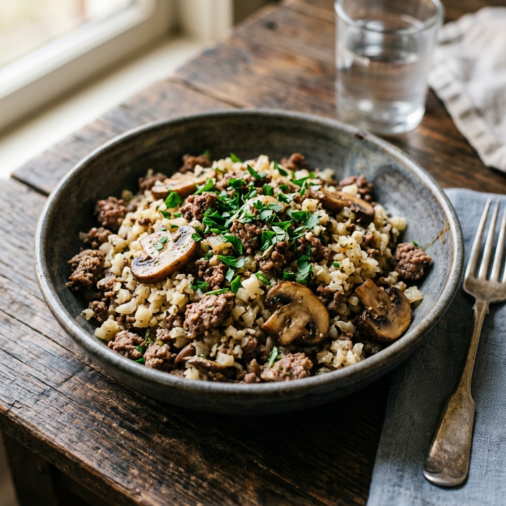 Beef and Cauliflower 'Pilaf' with Mushrooms and Parsley