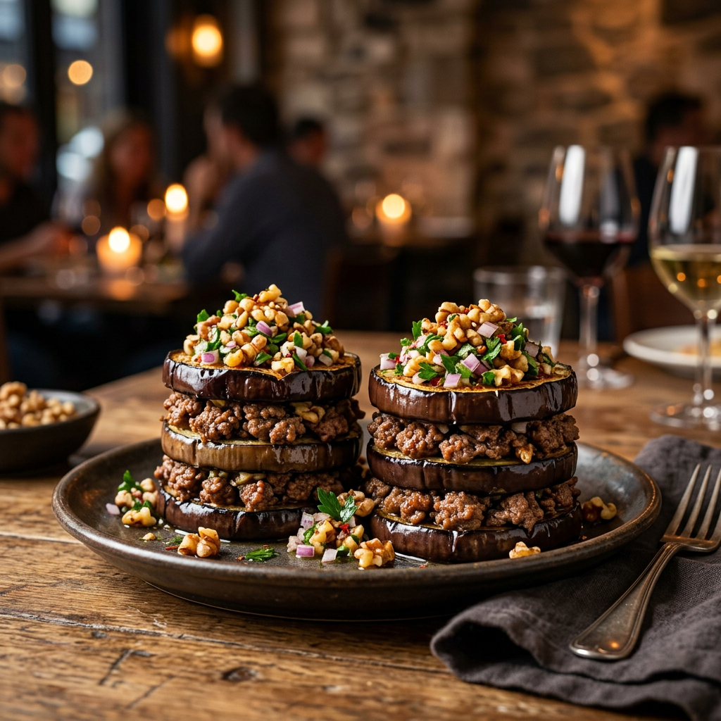 Eggplant and Beef Towers with Walnut Salsa