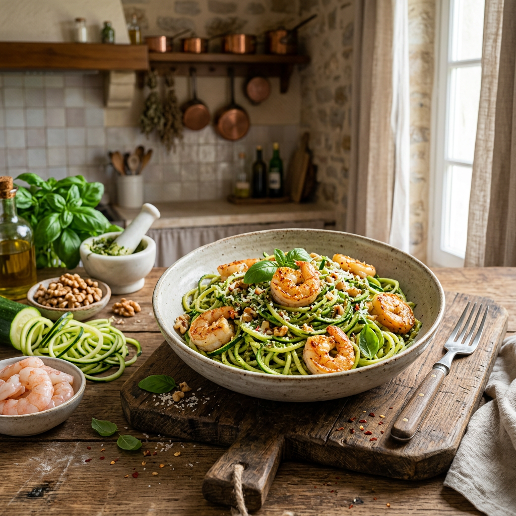 Zucchini Noodles with Shrimp and Walnut 'Pesto'