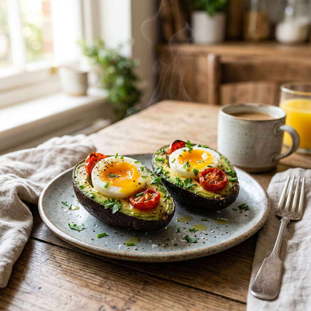 Baked Avocado Boats with Soft-Boiled Eggs and Cherry Tomatoes