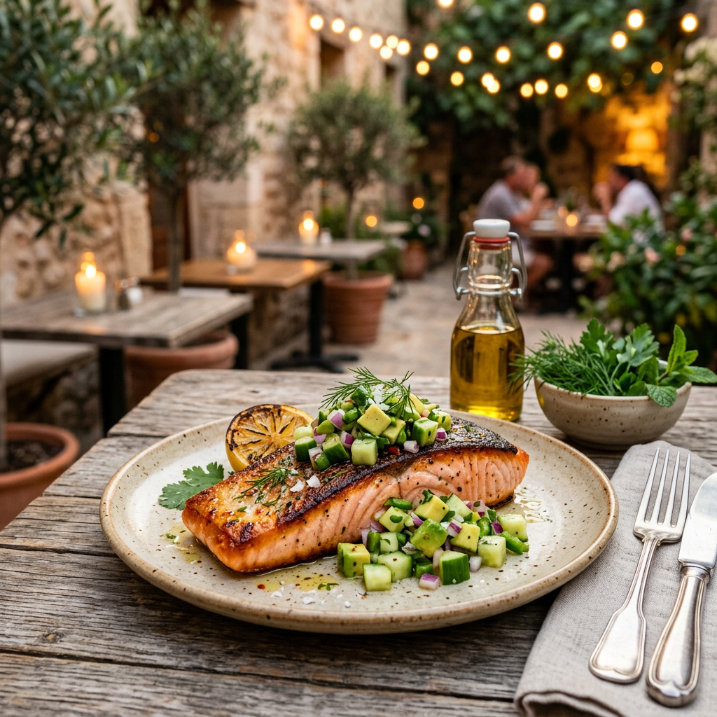 Citrus-Seared Salmon with Avocado-Cucumber Salsa