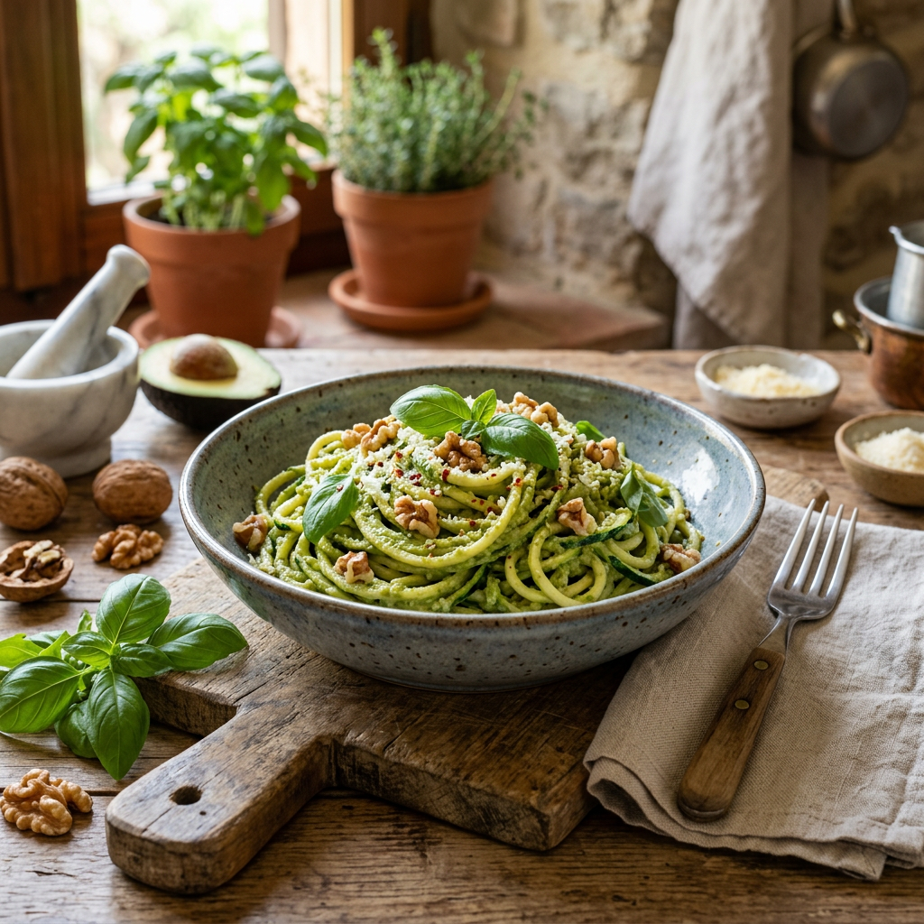 Zucchini Noodles with Walnut-Avocado Pesto