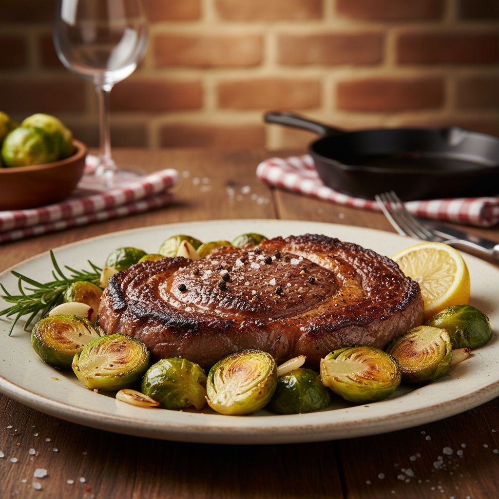 Seared Ribeye with Garlic‑Roasted Brussels Sprouts