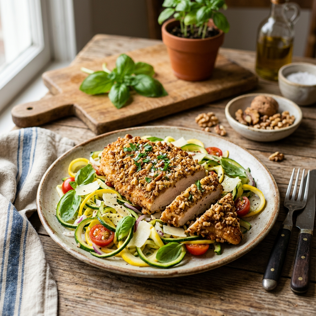 Walnut-Crusted Chicken over Zucchini Ribbon Salad