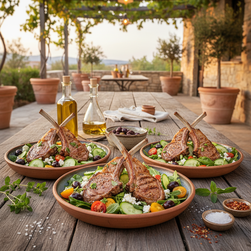 Mediterranean Lamb Chop Salad with Olives & Cucumber
