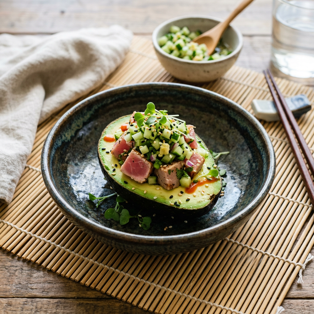 Seared Fresh Tuna-Stuffed Avocado with Cucumber-Ginger Relish