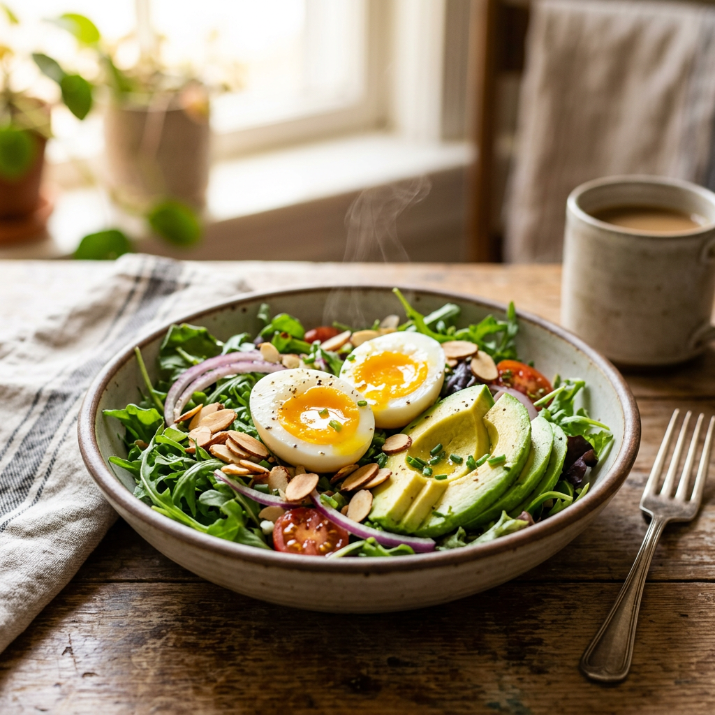 Avocado & Soft-Boiled Egg Breakfast Salad with Toasted Almonds