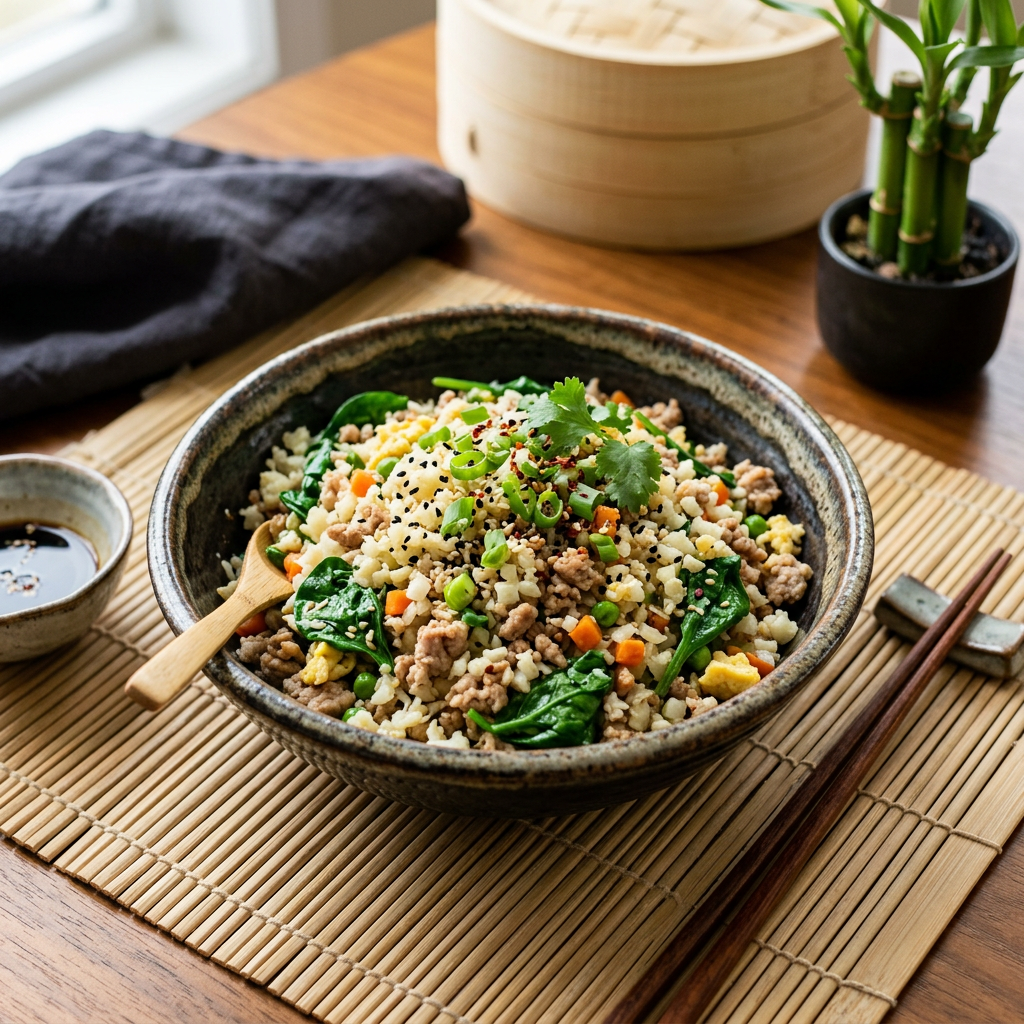 Cauliflower 'Fried Rice' with Ground Turkey and Baby Spinach