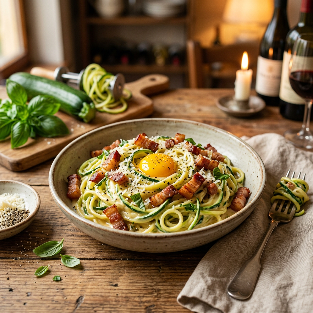 Zucchini Noodle Carbonara with Crispy Pork Belly