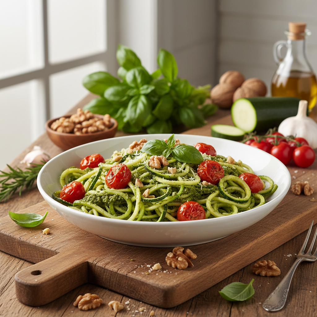 Zucchini Noodles with Walnut–Basil Pesto and Roasted Cherry Tomatoes