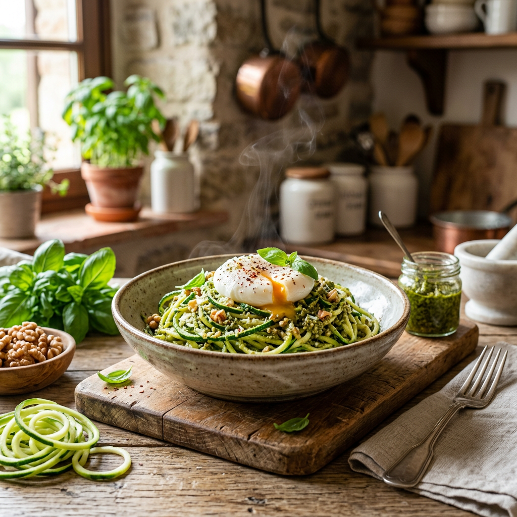 Zucchini Noodles with Walnut-Basil Pesto and Poached Egg