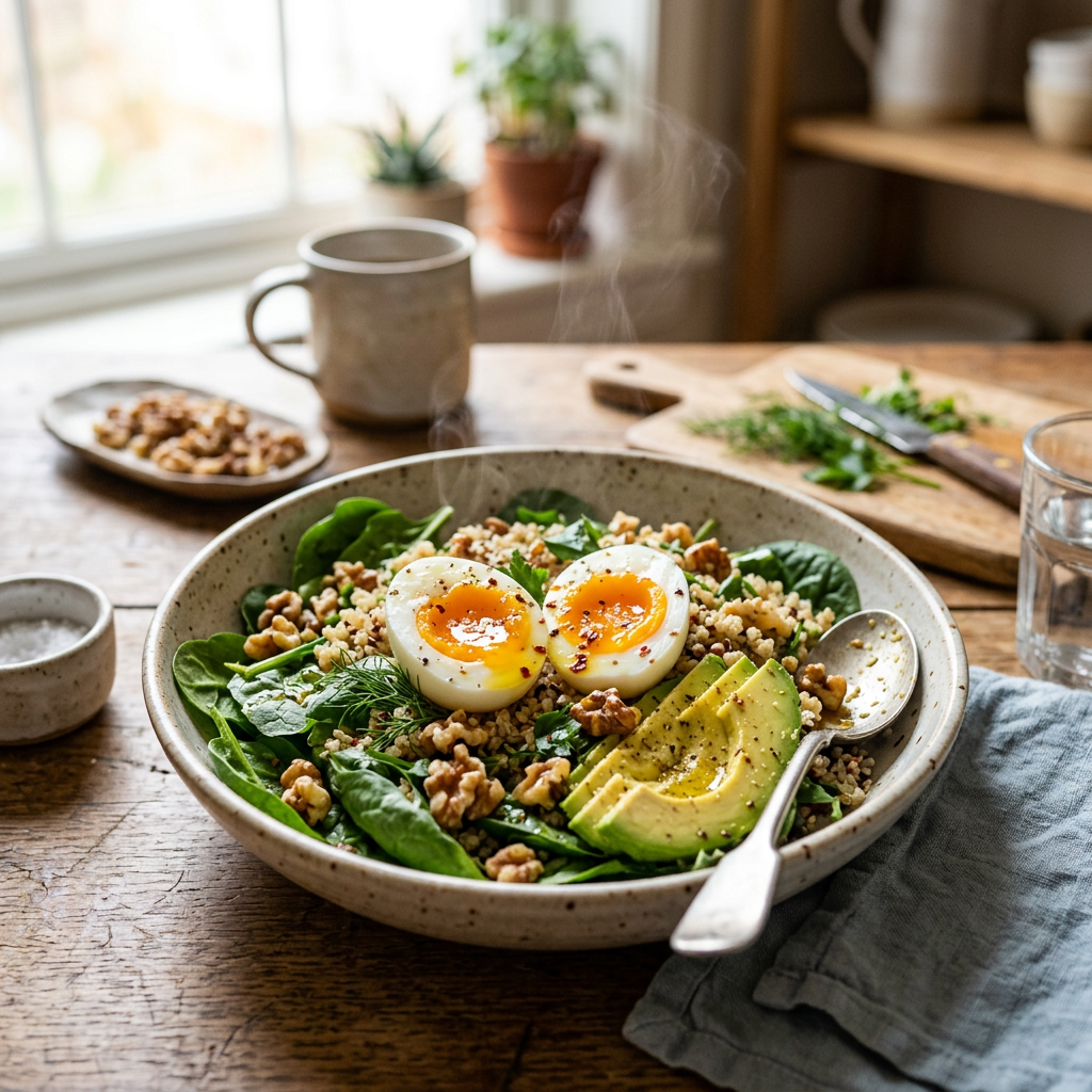 Avocado & Soft-Boiled Egg Bowl with Spinach and Walnuts