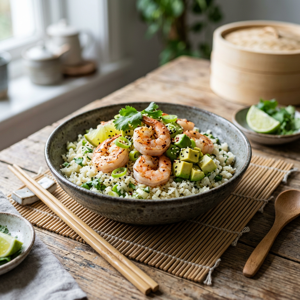 Shrimp and Cauliflower 'Rice' with Avocado