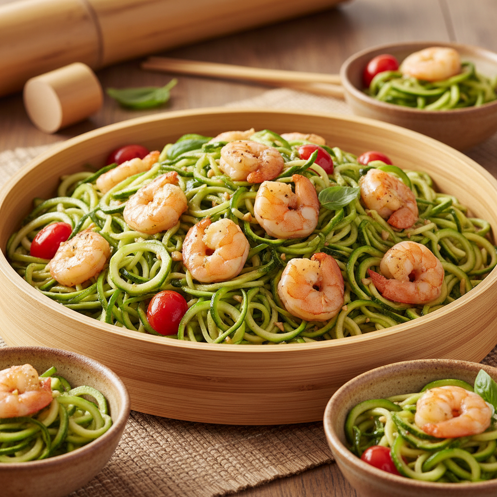 Zucchini Noodles with Garlic Shrimp and Basil