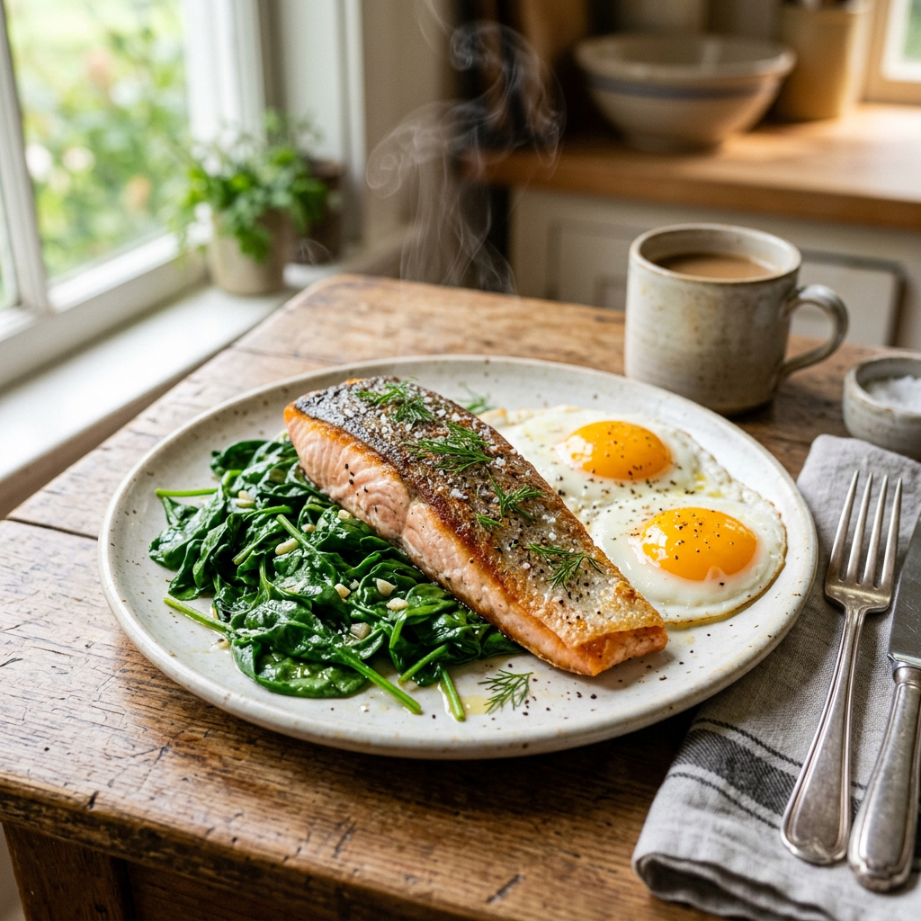 Spinach and Egg Breakfast with Pan-Seared Trout