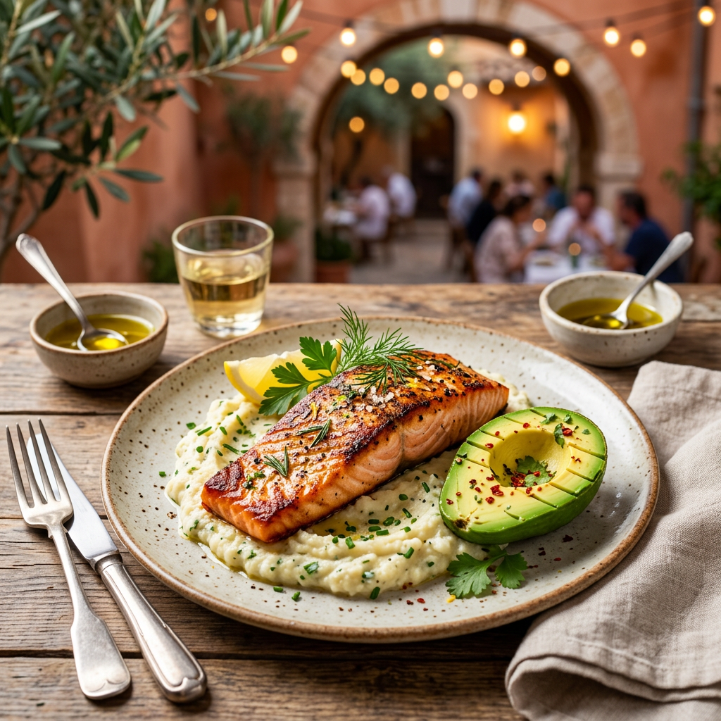 Lemon-Herb Seared Salmon with Cauliflower Mash and Avocado