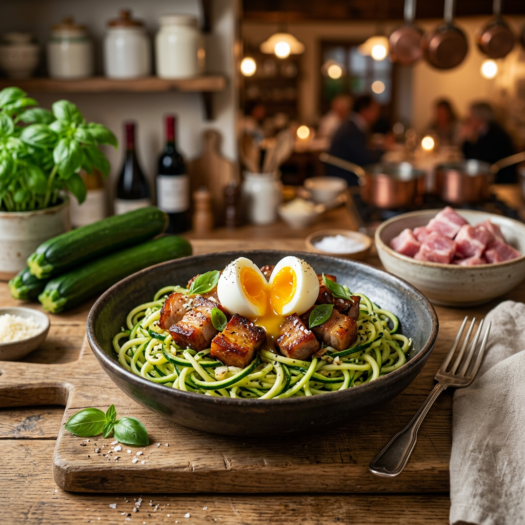 Zucchini Noodles with Crispy Pork Shoulder and Soft Egg