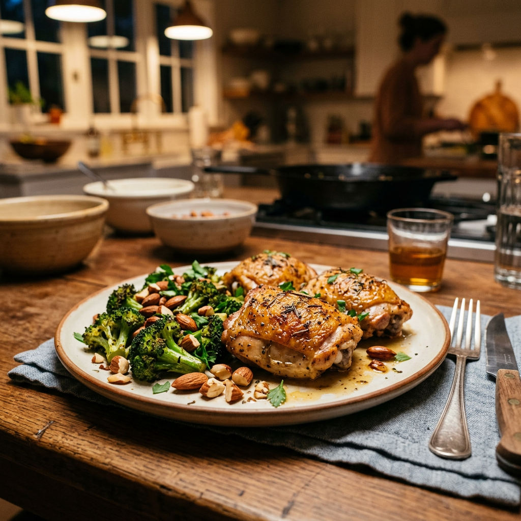 Roasted Chicken Thighs with Broccoli and Toasted Almonds