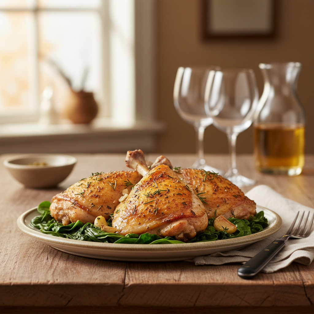 Herb-Roasted Chicken Thighs with Wilted Baby Spinach