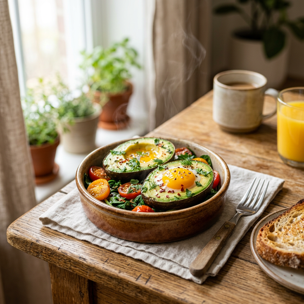 Avocado-Baked Eggs with Spinach and Cherry Tomatoes